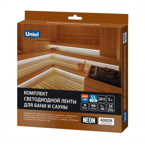 Комплект светодиодной ленты для бань и саун, до +100°С, катушка 5м 4000К, крепление в/к Uniel Готовое решение ULS-N40-2835-120LED/m-16mm-IP68-DC24V-10W/m-5M-4000K NEON SET01