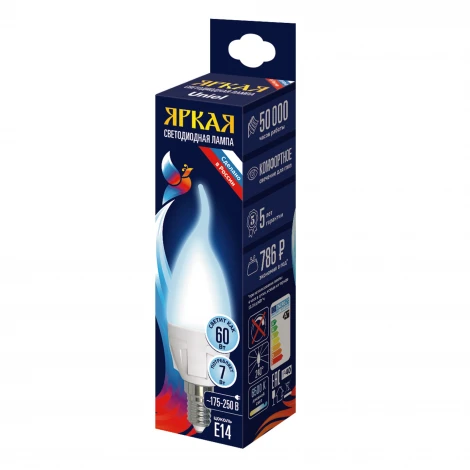 Лампа светодиодная, матовая, дневной белый свет 6500K Uniel Яркая LED-CW37 7W/6500K/E14/FR PLP01WH