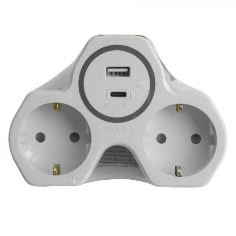 Разветвитель сетевой 2-х местный с заземлением с USB+Type C (белый, серый) Stekker 50071