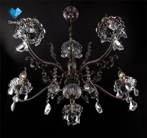 Подвесная люстра Eurosvet 3281 3281/5 античная бронза / прозрачный хрусталь (220V, хрусталь Strotskis, на цепи, подсвечник, свеча)