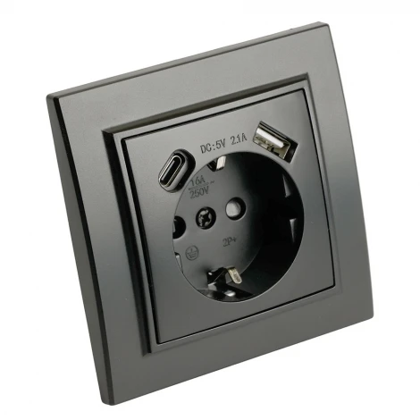 Розетка с заземлением и USB Type A+С (черный) Stekker Эрна 50078