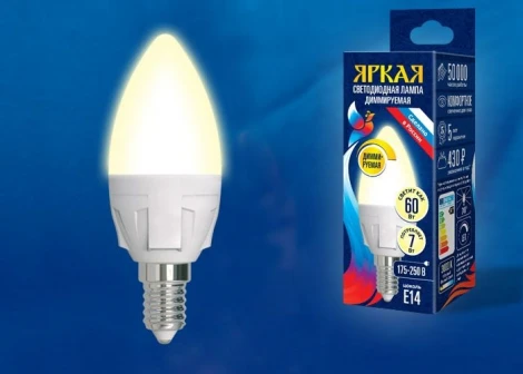 Лампочка светодиодная свеча белая E14 7W 3000K Uniel LED-C37 7W/3000K/E14/FR/DIM PLP01WH