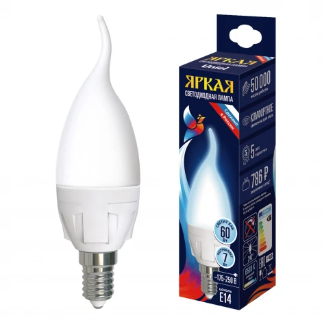 Лампа светодиодная, матовая, дневной белый свет 6500K Uniel Яркая LED-CW37 7W/6500K/E14/FR PLP01WH