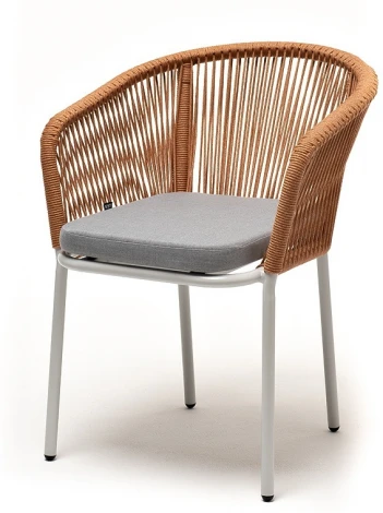 "Марсель" стул плетеный из роупа, каркас алюминий светло-серый (RAL7035) муар, роуп оранжевый меланж круглый, ткань светло-серая 4SIS арт.УТ-00009488