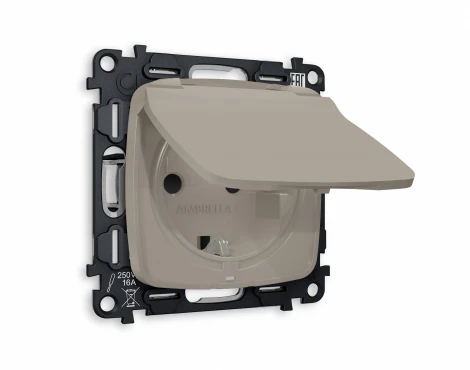 Комплект механизма Ambrella Volt электрической розетки OMEGA MO368010 Серо-бежевый матовый с заземлением со шторками и защитной крышкой 2P+E 16A-250V IP44 QUANT