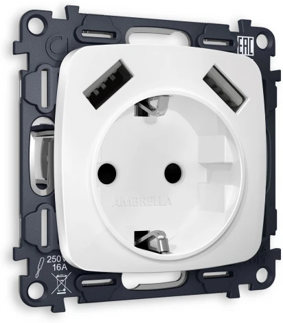 Комплект механизма Ambrella Volt электрической розетки OMEGA MO129010 Белый матовый 2USB A+A 18W быстрая зарядка с заземлением со шторками 2P+E 16A-250V QUANT