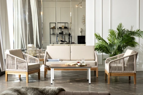 Лаунж-зона 4-ая из роупа со столиком Канны цвета дуб, основание дуб, роуп бежевый 4SIS Канны KANS2C2TJ-4-SET biege