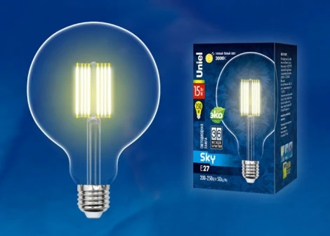 Лампочка светодиодная шар прозрачная E27 15W 3000K Uniel LED-G125-15W/3000K/E27/CL PLS02WH