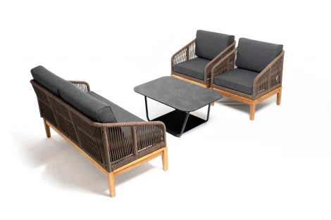 "Канны" лаунж-зона 4-местная из роупа со столиком "Канны" (серый гранит), основание дуб, роуп коричневый 4SIS арт.УТ-00004760