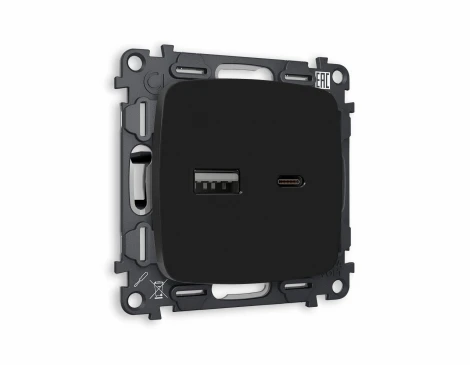 Комплект механизма Ambrella Volt розетки OMEGA MO811010 Черный матовый 2USB A+C 20W быстрая зарядка QUANT