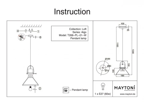 Подвесной светильник Maytoni Argo T268-PL-01-W