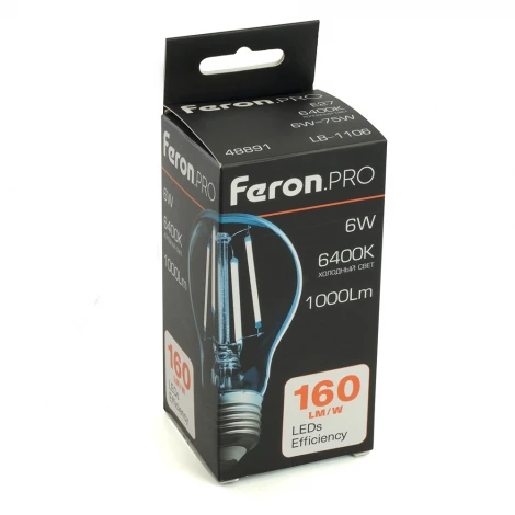 Лампа светодиодная филамент A60 шар 6W 175-265V E27 6400К Feron LB-1106 48891