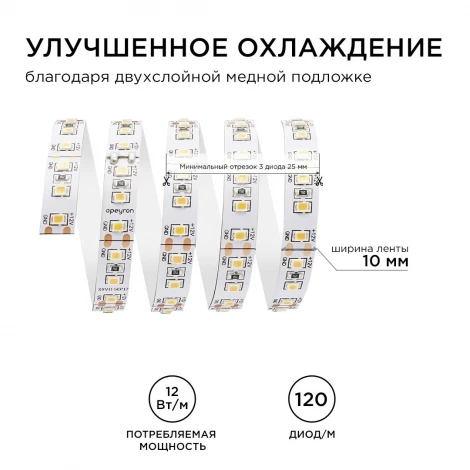 Светодиодная лента 12В СТ 12Вт/м SMD2835 120д/м IP20 1300Лм/м ширина подложки 10мм, 5м 6500К Apeyron 00-119