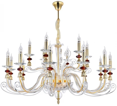 Подвесная люстра CATARINA SP12+6 V2 GOLD/TRANSPARENT-COGNAC Crystal Lux (220V, на цепи, свеча)