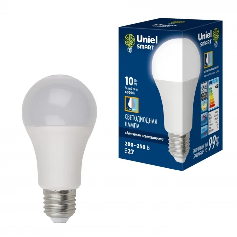 Лампочка светодиодная шар белая E27 10W 4000K Uniel LED-A60-10W/4000K/E27/PS PLS10WH