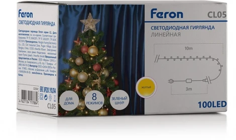 Светодиодная гирлянда Feron 32309 CL05 линейная желтый c питанием от сети, контроллером, зеленый шнур