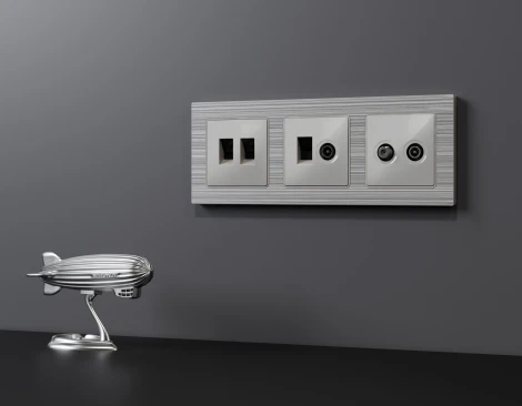 Комплект механизма компьютерной двойной Ethernet RJ-45 розетки с автоматической защитной шторкой встраиваемый (серебро глянец) Ambrella Volt QUANT MA412110