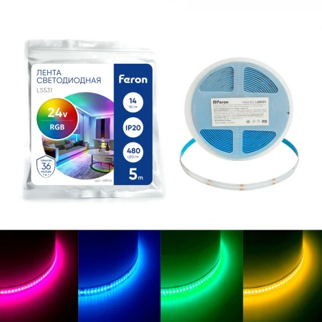 Светодиодная COB лента 576SMD(2110) 14Вт/м 24V RGB IP20 Feron LS531 48946
