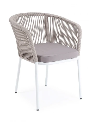 "Марсель" стул плетеный из роупа, каркас алюминий белый муар, роуп бежевый круглый, ткань бежевая 15052 4SIS арт.УТ-00010572