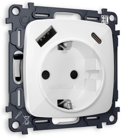 Розетка с заземлением, шторками и быстрой зарядкой USB Type A+С (белый глянец) Ambrella Volt QUANT MO110010