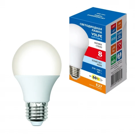 Лампа светодиодная матовая, белый свет 4000K Volpe Optima LED-A60-8W/4000K/E27/FR/SLS