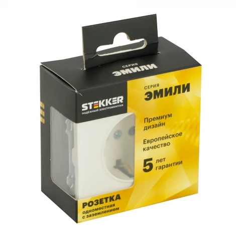 Розетка с заземлением и шторками (белый фарфор, soft touch) Stekker Эмили 49880