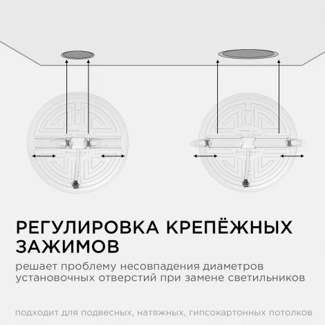 Встраиваемый светодиодный светильник безрамочный 32Вт (24Вт+8Вт) 2720Лм 6500К IP20 круг, 3 режима свечения, регулировка под посадочное отверстие 55-205мм, ал. корпус Apeyron 06-111
