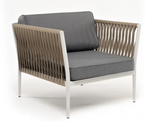 "Касабланка" кресло плетеное из роупа, каркас алюминий светло-серый (RAL7035) муар, роуп серо-коричневый 23мм, ткань серая 017 4SIS арт.УТ-00006194