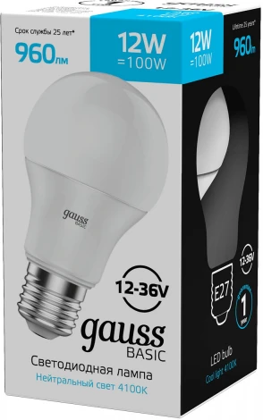 Лампочка светодиодная Gauss 202402212 A60 AC/DC 12-36V 12W 960lm 4100K E27 LED