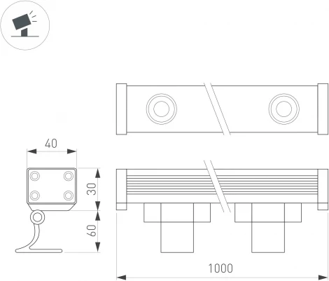 Линейный прожектор AR-LINE-1000-24W Warm3000 (GR, 15x60 deg, 230V) (Arlight, IP65 Металл) 041732