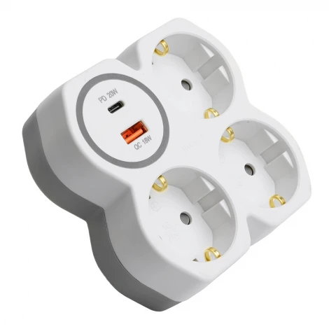 Разветвитель сетевой 3-х местный с заземлением с USB+Type C (белый, серый) Stekker 50110