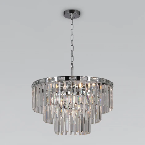 Подвесная люстра Wi-Fi каскадная Elegante 10130/8 хром Eurosvet (220V, хрусталь, управление смартфоном, голосовое управление, умный дом - Minimir Home, Алиса, Маруся, Салют, на цепи)