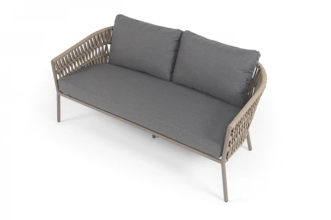 "Комо" диван 2-местный плетеный из роупа, каркас алюминий бежево-серый (RAL7006) муар, роуп серо-коричневый 23мм, ткань темно-серая 027 4SIS COM-S-2-001 RAL7006 Mua S-G-brown(D-gray027)