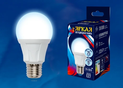 Лампочка светодиодная шар белая E27 10W 6500K Uniel LED-A60 10W/DW/E27/FR PLP01WH