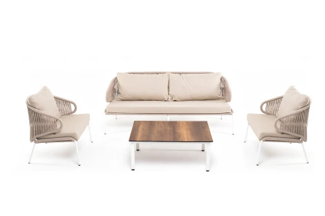 Лаунж-зона 5-местная плетеная из роупа (веревки), каркас алюминиевый белый, роуп бежевый 4SIS Милан MILS3C2TJ-4-SET biege