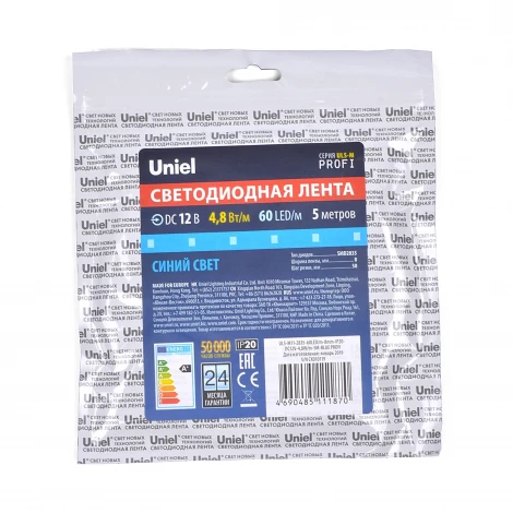 Светодиодная лента Uniel ULS-M11-2835-60LED/m-8mm-IP20-DC12V-4,8W/m-5M-BLUE PROFI катушка в герметичной упаковке