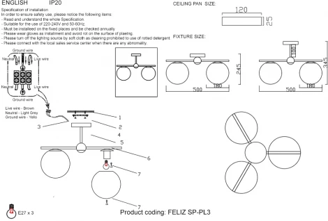 Потолочная люстра на штанге FELIZ SP-PL3 BRONZE/WHITE Crystal Lux (220V, шар)