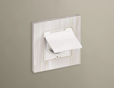 Комплект механизма Ambrella Volt электрической розетки ALFA MA108010 Белый глянец с заземлением с шторками и защитной крышкой 2P+E 16A-250V IP44 QUANT