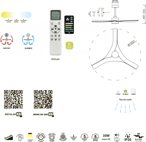 Люстра потолочная-вентилятор с ПДУ Mantra Thai 8714 (регулировка яркости, LED, 220V, вертолет)