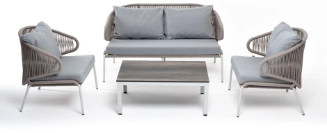 "Милан" лаунж-зона 4-местная плетеная из роупа (веревки), каркас алюминиевый белый, роуп бежевый 4SIS арт.УТ-00005967