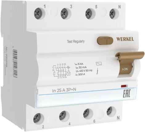 Устройство защитного отключения 3P+N 25 A 30 mА АС 6 kА Werkel W914P256 (a062564)