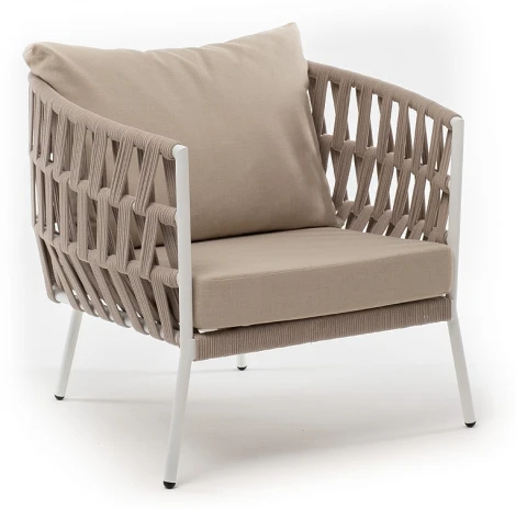 "Диего" кресло плетеное из роупа, каркас алюминий белый муар, роуп бежевый круглый, ткань бежевая 052 4SIS арт.УТ-00008595