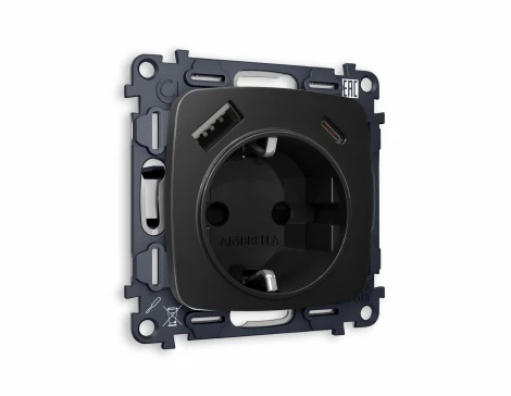Комплект механизма Ambrella Volt электрической розетки OMEGA MO810010 Черный матовый 2USB A+C 20W быстрая зарядка с заземлением и шторками 2P+E 16A-250V QUANT