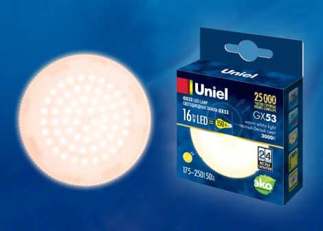 Лампочка светодиодная таблетка белая GX53 16W 3000K Uniel LED-GX53-16W/WW/GX53/FR PLZ01WH