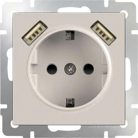 Розетка встраиваемая с заземлением, шторками и двумя USB Werkel, слоновая кость