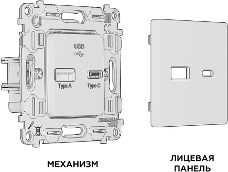 Комплект механизма Ambrella Volt розетки ALFA MA911010 Графит мягкое касание 2USB A+C 20W быстрая зарядка QUANT