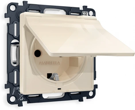 Комплект механизма Ambrella Volt электрической розетки ALFA MA308010 Бежевый глянец с заземлением с шторками и защитной крышкой 2P+E 16A-250V IP44 QUANT