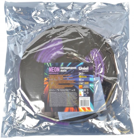 Светодиодная гибкая герметичная лента Neon 15 м. Neon ULS-N11-2835-120LED/m-8mm-IP67-DC24V-10W/m-15M-PURPLE катушка в герметичной упаковке
