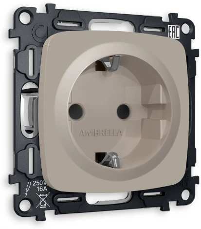 Комплект механизма Ambrella Volt электрической розетки OMEGA MO367010 Серо-бежевый матовый с заземлением со шторками 2P+E 16A-250V QUANT