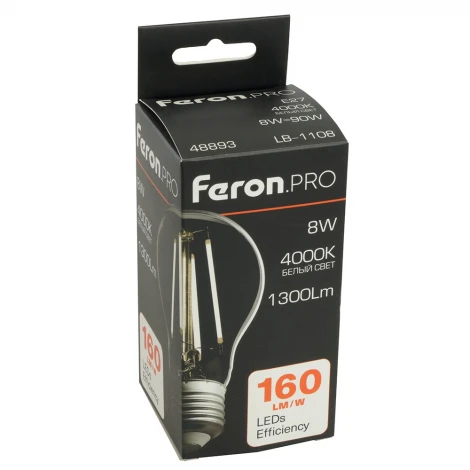 Лампа светодиодная филамент A60 шар 8W 175-265V E27 4000К Feron LB-1108 48893
